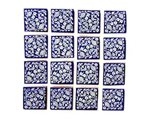 Shiv Kripa Blue Pottery Floral Decorative Mosaic Wall Tiles 3 x 3 Inch Set of 16 Tiles (Blue & White)