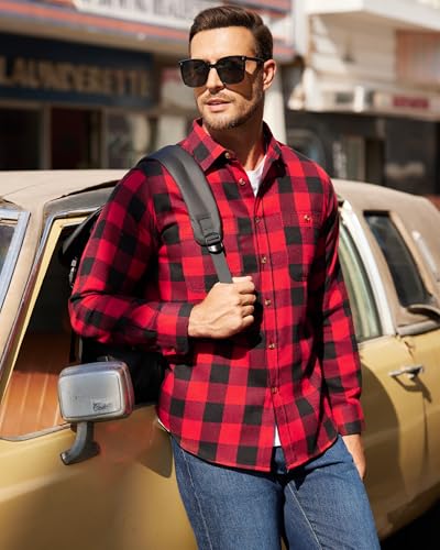 Men's Plaid Flannel Shirt Long Sleeve Casual Button Down Shirts Regular Fit Cotton Office Work Tops with Pockets3