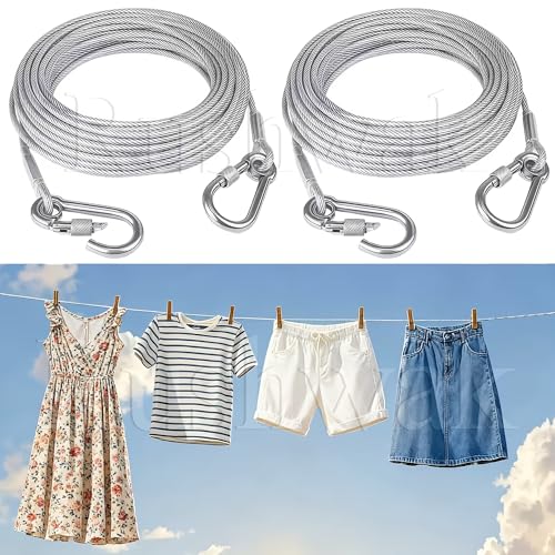 Image of Rushwak Stainless Steel Clothes Drying Rope with Carabiner Hooks Heavy-Duty Rust-Proof Cloth Rope for Drying Clothes Steel Wire for Clothes Drying Hanging Portable Clothesline - 5 Meter (Pack of 2)