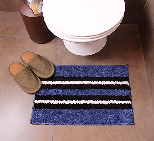 Image of Flooring India Co Bath Mat Super Soft, Anti Slip Stripe Mats (Blue, 38x58 cm) Pack of 1