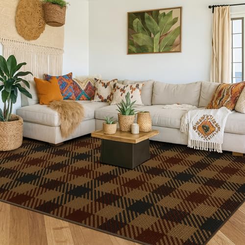 Vintage Large Plaid Area Rug for Living Room - 5x7 Easy Jute Classic Brown and Red Rug for Bedroom Under Bed, Large Entryway Outdoor Porch, Washable N