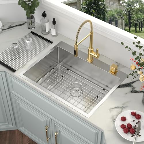 Image of Kichae 28 Drop in Kitchen Sink - 28x22 Inch Kitchen Sink Drop in 16 Gauge Stainless Steel Single Bowl Handmade Topmount Basin with Drain Strainer