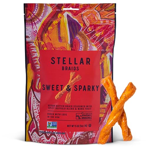 Stellar Pretzel Braids, Sweet & Sparky Spicy Buffalo, 6 Large Snack Bags (5 oz each) Vegan Rods, Twists, Sticks