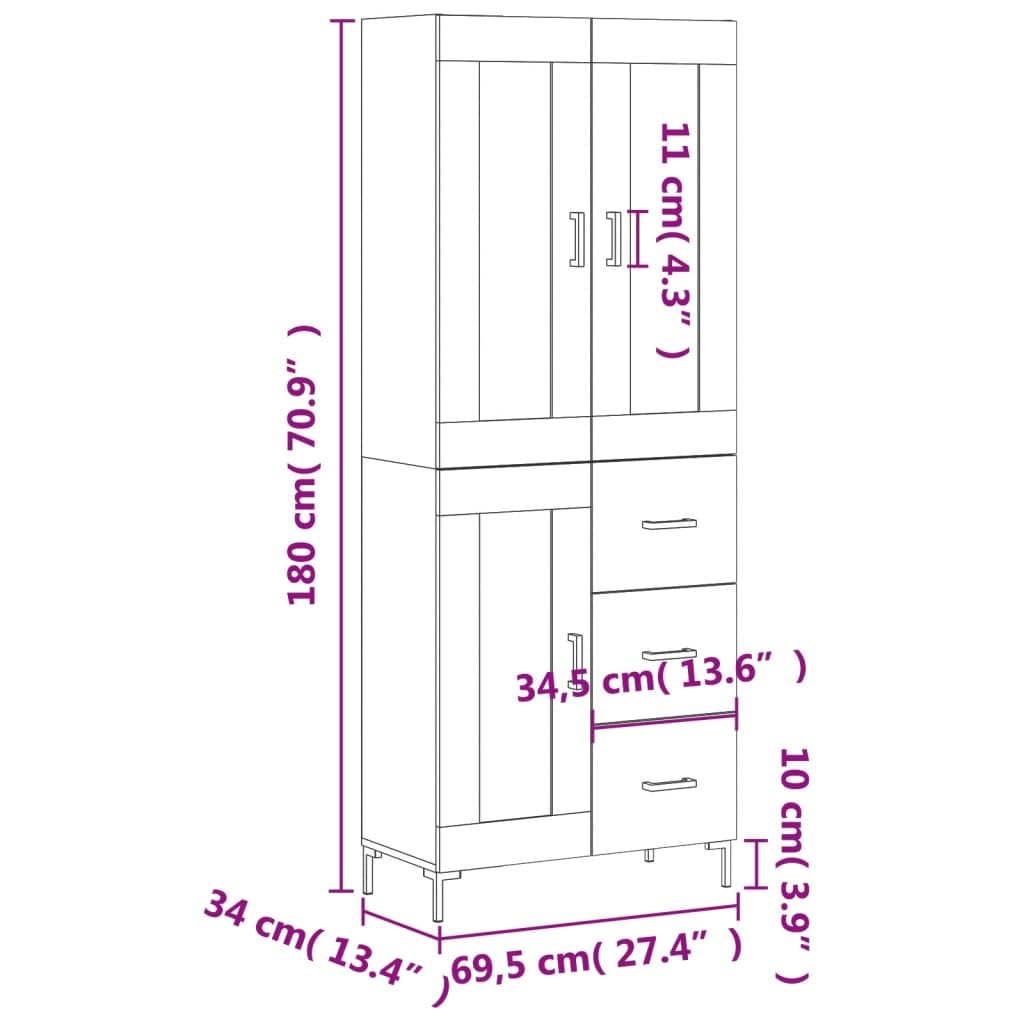 Armadietto alto grigio cemento, 69,5 x 34 x 180 cm, in legno con piedini in metallo, per soggiorno, corridoio, sala da pranzo e molto altro ancora, armadio durevole con molto spazio, pratiche