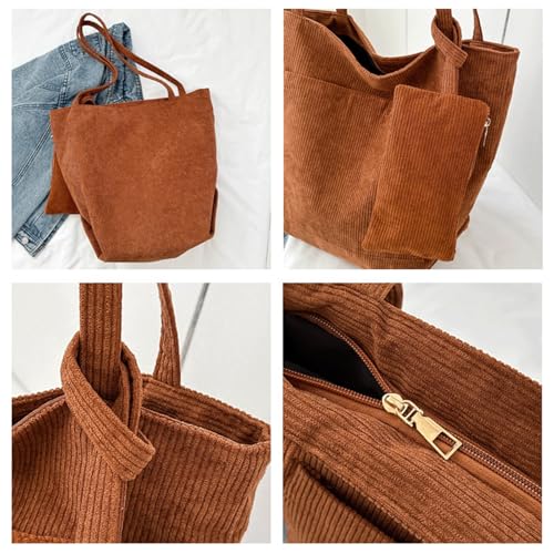 Corduroy Tote Bag Set with Small Pouch Large Capacity Shoulder Purse for Women Vintage Corduroy Tote Bag With Matching Purse4