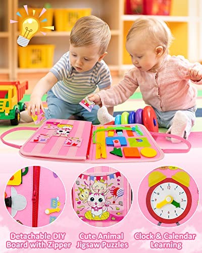 Exorany Busy Board Montessori Toys For 1 2 3 4 Year Old Girls & Boys Gifts, Sensory Toys For Toddlers 1-3, Autism Educational Travel Toys, Preschool Activities For Learning Fine Motor Skills (Pink) #TOP3