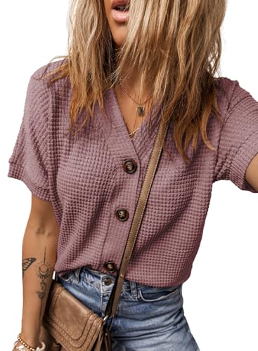 Image of Dokotoo Womens Summer Tops 2026 Waffle Knit Button Down Shirts Casual V Neck Short Sleeve Shacket Jacket Dressy Blouses