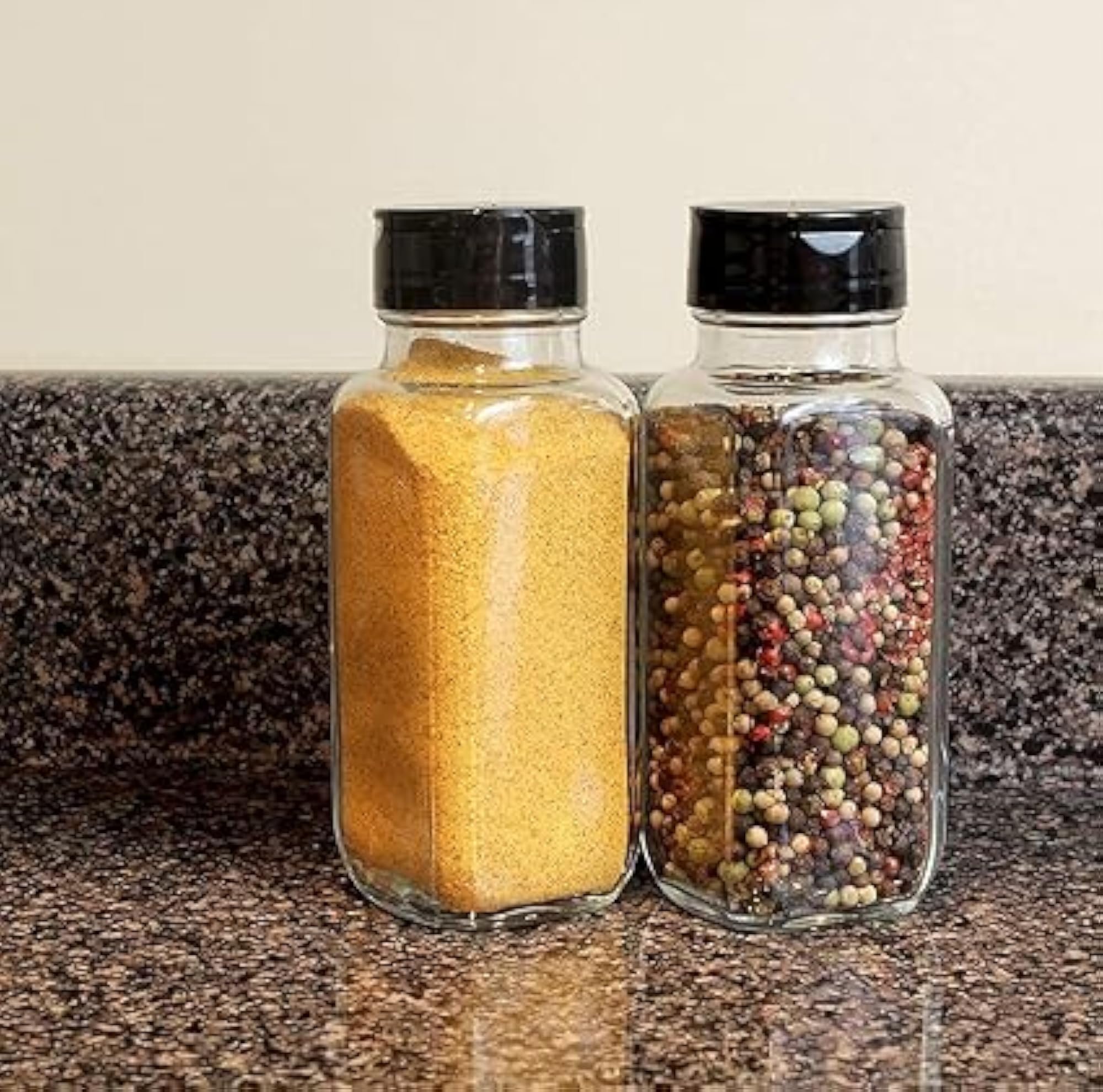 Square Glass Spice Jar Set with Black Sifter Cap, 4 Pcs