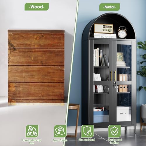 Image of 73 inch Metal Arched Display Cabinet with Glass Doors and Lock | Black steel curio bookcase with 2 adjustable shelves for books, collectibles, and decor; assembly required.