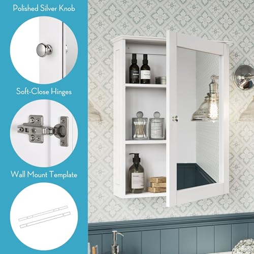 RiverRidge Ashland Wall-Mounted Medicine Cabinet Mirror with Adjustable Shelves - White Bathroom Mirror with Storage