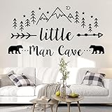 Little Man Cave Wall Decals, The Tribal Mountain Woodland Bear Wall Stickers for Bedroom, Nursery Wallpaper Easy Peel and Stick for Bedroom Living Room (Black)