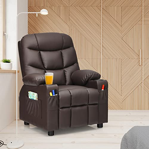 Kid Recliner Chair With Cup Holder, Adjustable Leather Lounge Chair With Footrest, Side Pockets For Living Room (Brown) #TOP3
