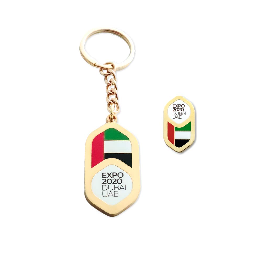 Expo 2020 Dubai UAE Flag Pin and Keyring Gold pack of 2