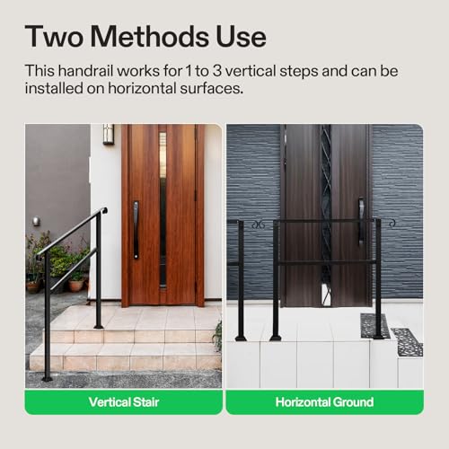 Image of VIVOSUN Outdoor Handrail, 3 Step Stair Handrail, 40 inch x 36 inch Fits 1 to 3 Steps, Wrought Mattle Iron Stair Railing with Curved Ends for Concrete Steps, Porch Steps, One-Step Assembly, Black