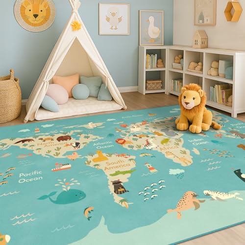 Washable Kids Playroom Rug – 5x7 Play Rug for Preschool Toddlers, Baby Girls, Educational with Cute Animals – Non-Slip, Stain Resistant, Soft & Safe for Bedroom, Play Room and Classroom - Blue