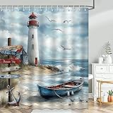 Mocsicka Nautical Coastal Shower Curtain Ocean Beach Lighthouse Bathroom Shower Curtain Seasides Nautical Coastal Waterproof Fabric Shower Curtains Bathtub Decor with 12 Hooks 72 X 72 Inch