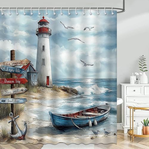 Mocsicka Nautical Coastal Shower Curtain Ocean Beach Lighthouse Bathroom Shower Curtain Seaside...