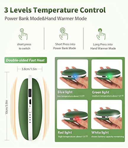 AOMAIS Hand Warmer Rechargeable, Electric Portable USB Hand Warmers & Reusable Pocket 5200mAh Power Bank, Double-Sided Quick Heating Keep Hands Warm, Best Winter Gifts for Christmas, Dark Green - Thumbnail 6