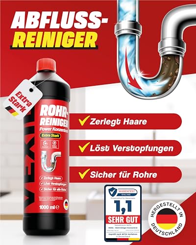 VEXIL Rohrreiniger - Profi Abflussreiniger EXTRA STARK für Extremfälle - 1L Power Konzentrat löst...