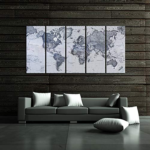 Image of iKNOW FOTO 5 Pieces Vintage World Map Canvas Prints Push Pin Wall Art Decor Trace Travel Marks The Map of The World Antique Framed Picture for Living Room Office 16x40inx5