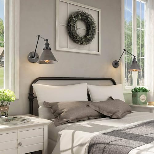 Image of LALUZ Black Wall Sconces Lighting, Modern Swing Arm Plug-in or Hardwired Adjustable Wall Lamp with Antique Silver Finish for Bedroom, Kitchen, and Living Room