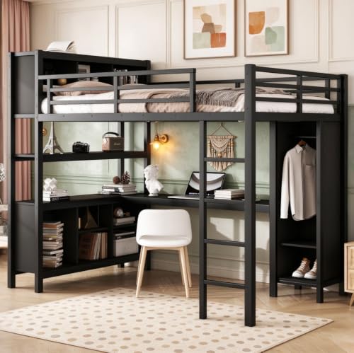 Image of Bellemave Full Loft Bed with Desk, Wardrobe, Storage Cubes and Shelves, Metal, Black