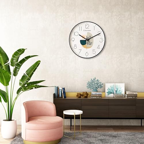 Image of Auromin Glass Wall Clock for Living Room Decor | Antique Stylish Fancy Decorative Large Wall Watch for Bedroom, Office, Kitchen, Dining Room, Hall & Home Decoration (Black Leaf, 40)