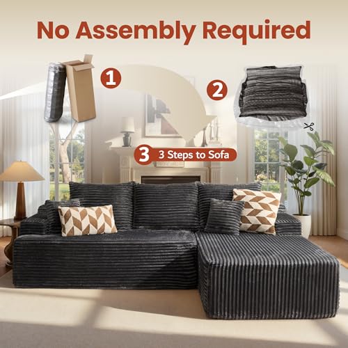 Image of ovios 96 inch Cloud Sectional Couch with L-Shape Chaise,Modern Modular Sofa with Deep Seat, Upholstered Couches for Living Room Bedroom,No Assembly Required, Grey (Plush Corduroy Fabric)