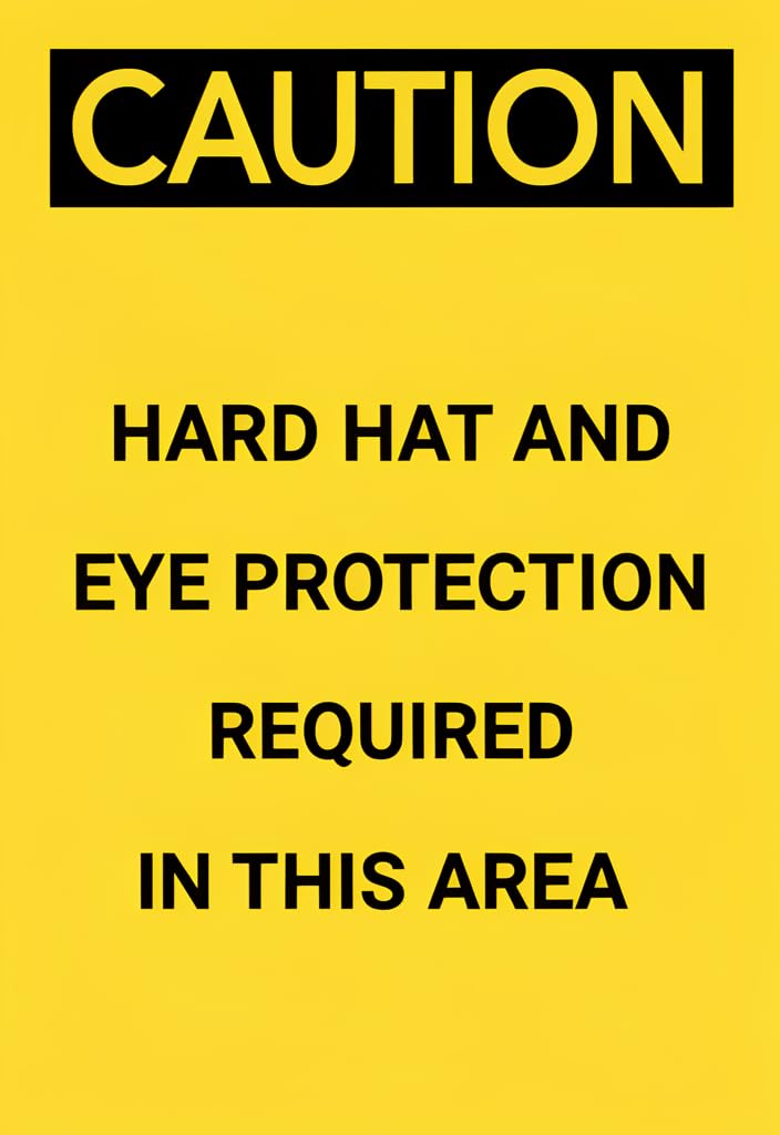 peiyeety CAUTION Hard Hat and Eye Protection Required Tin Sign 12x8 Inch, Yellow & Black Metal Warning Plaque, Industrial Safety Wall Decor for Workshop Garage Construction Site, Gift Idea