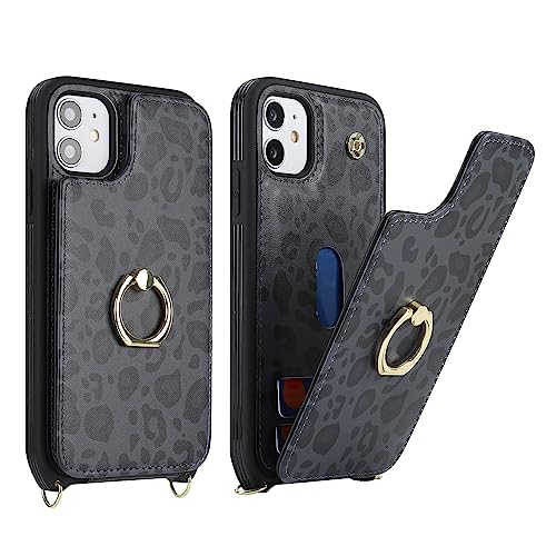 Image of for iPhone 11 Phone Case with Card Holder and Strap for Women,Crossbody Lanyard,RFID Blocking,Kickstand Ring Stand,Snap Clasp,Cute Phone Wallet Cases 6.1 inch(Black Leopard)