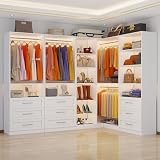 Closet System with 4 Sets, 8.5FT-21.5FT Corner Closet Organizer System with 9 Drawers & 12 Shelves & 8 Hanging Rods, Custom L-Shaped Modular Closet System for Freestanding or Walk-in Closet, White