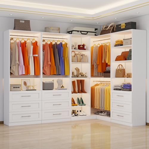 Closet System with 4 Sets, 8.5FT-21.5FT Corner Closet Organizer System with 9 Drawers & 12 Shelves & 8 Hanging Rods, Custom L-Shaped Modular Walk-in Closet Organizers and Storage System Corner, White