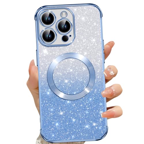 Cover Magnetica per iPhone 14 Pro Glitter Custodia Compatibile con MagSafe Anti Graffi Non Ingiallente Protezione Completa Case 14 Pro con 2 Vetro Temperato blu