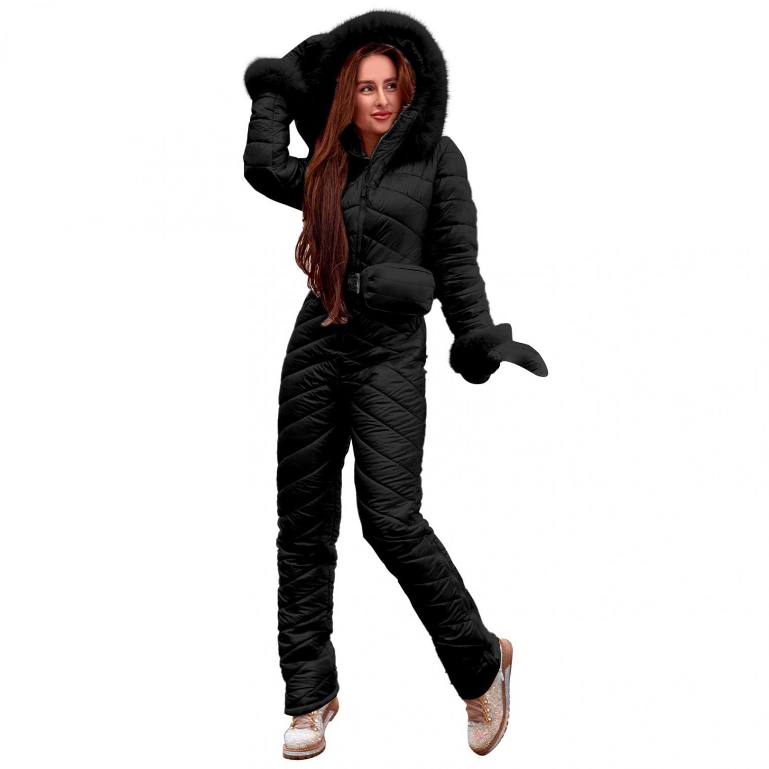 Traje de esquí para mujer de una pieza, traje de nieve con cinturón, guantes, mochila, mono de esquí con capucha, mono largo con cremallera, resistente al agua, esquí.