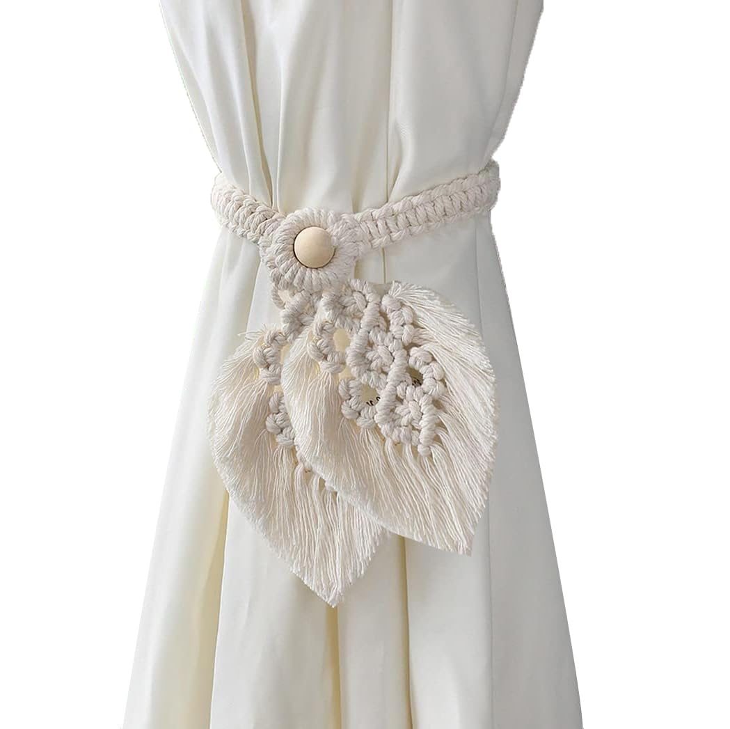 2 Pack Woven Cotton Cord Tassel Boho Curtain Tiebacks Curtain Holdbacks with Wood Bead Curtain Tieback Window Treatment Curtain Ties for Bedroom Living Room Dining Decoration (Beige-28.3in)