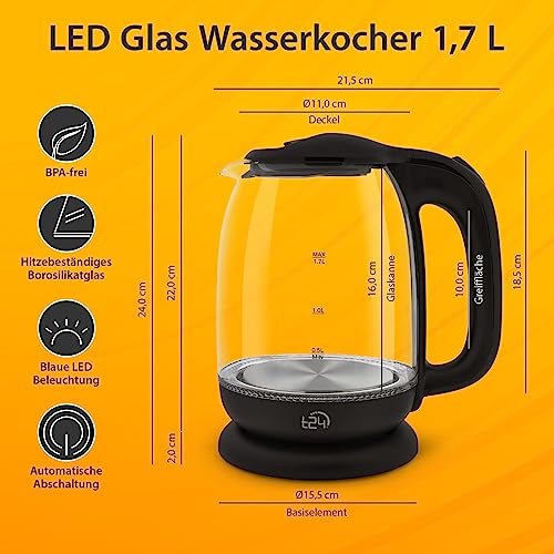 Foto von T24 LED Glas Wasserkocher 1,7 Liter mit LED-Beleuchtung, Trockenlaufschutz, BPA frei, 2200W (black2)