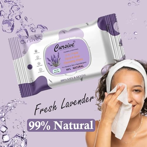 Image of Cursive 99% Natural Face, Hand & Body Cleansing Wipes With French Lavender Refreshing, Calming & Soothing Wipes | Hypoallergenic, Safe For Sensitive Skin | Gentle & Nourishing - Enriched With Aloe & Organic Extracts For Soft, Hydrated Skin (Pack of 2)