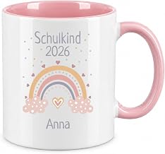 Tasse Schulkind 2026 mit Namen - Personalisiert - Einschulung - Geschenke - Regenbogen - Geschenk für Erstklässler - Schule - Grundschule - Geschenkidee - Schulbeginn (Rosa)