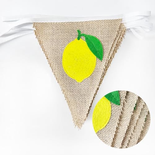Image of 24Ft Lemon Burlap Banner Lemon Burlap Pennant Triangle Flag Garland Streamers Vintage Fireplace Wall Decor for Summer Lemonade Party Happy Lemon Day Rustic Birthday Baby Bridal Shower Decorations