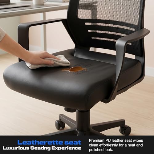 Image of DROGO Lumina Ergonomic Premium Leatherette Office Chair for Work at Home, Computer Chair with Fixed Armrest, Height Adjustable Leather Seat, Rocking, Breathable Mesh & Curve Lumbar Support (Black)