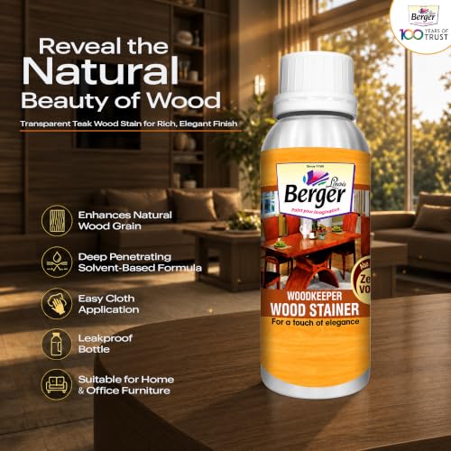 Image of Berger Wood Keeper Walnut Wood Stain with Leakproof Bottle & Easy Cloth Application Transparent Solvent-Based Stainer for Home Office Furniture Surfaces Shine and Finish (Pack of 1, 1L)
