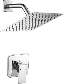 Shower Faucet Single Function Shower Trim Kit with Rough-in Valve Shower Set Bath Rainfall Shower Faucet System 8inch Wall Mount Square Stainless Steel Metal Bathtub Rain Shower Head Chrome