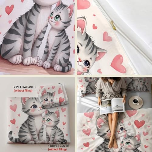Housse de couette chat mignon imprimé lit double motif cœur rose