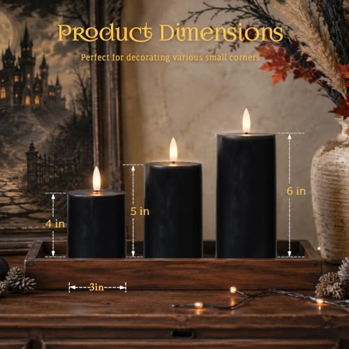 Image of JOIONE Black Flameless Pillar Candles with Remote, 3 Pack Halloween Decor | Battery Operated LED, Black Real Wax, Remote Control, Warm Flickering Glow, Safe Halloween Home & Party Decor