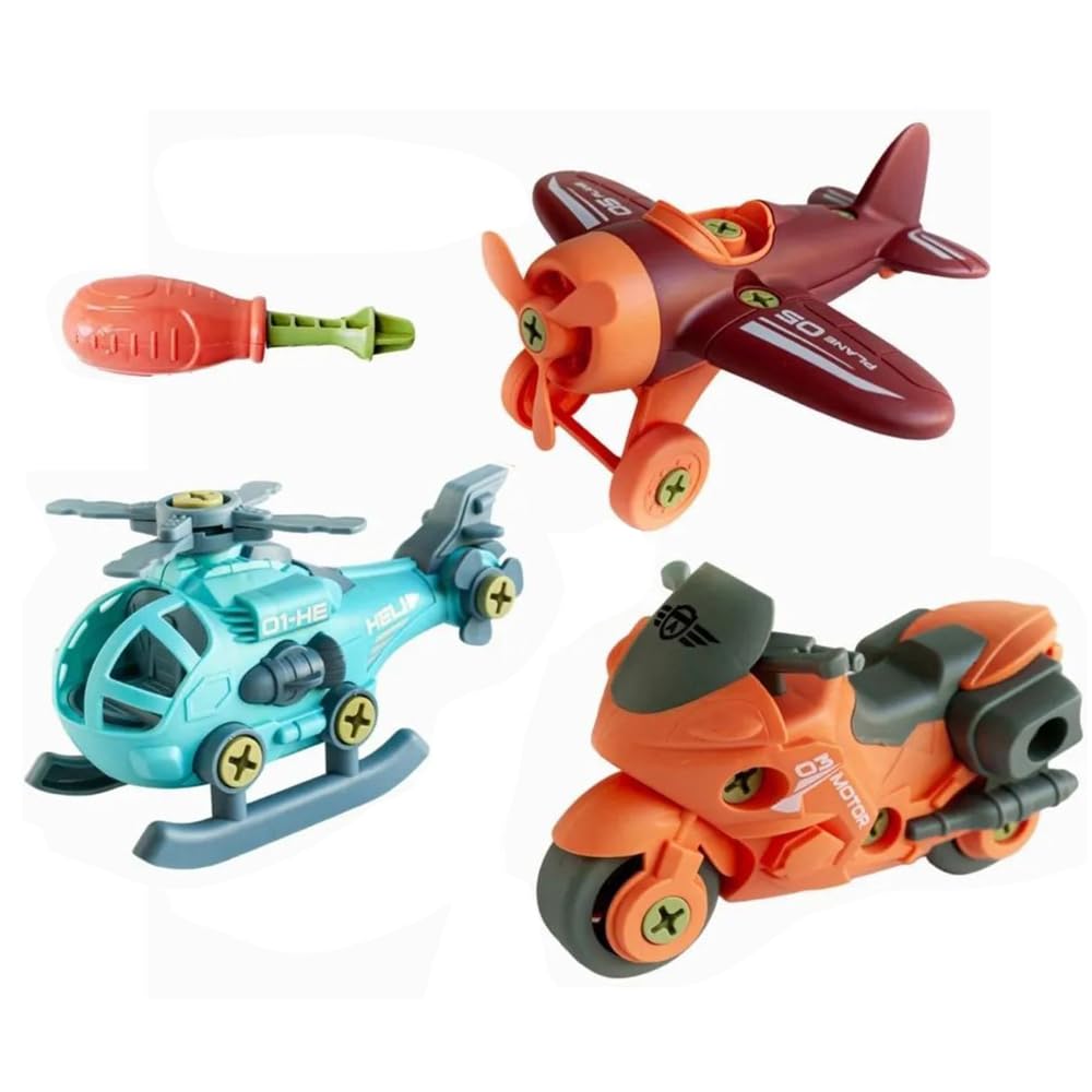 DUWOL DIY Police Vehicle Play Set Toy 3 Pack Cars with 1 Screwdriver Tools, Kids Stem Toys Including 1 Helicopter, 1 Air Jet, 1 Sport Bike, for Toddlers Birthday Gifts for Boys