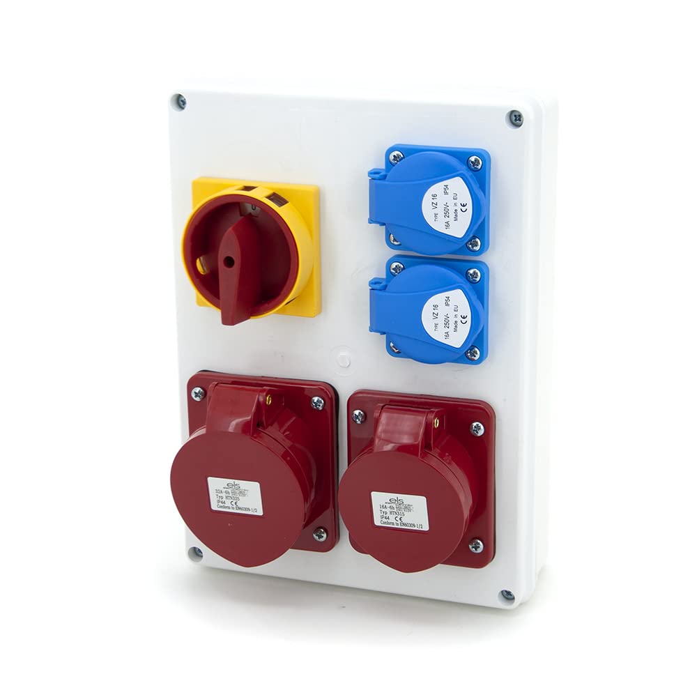 ELS Elektrotechnika Distribuidor de corriente para construcción, 2 enchufes Schuko, 2 x 230 V + 1 x CEE 32 A y 1 x CEE 16 A con interruptor amarillo-rojo, cableado, para interior y exterior