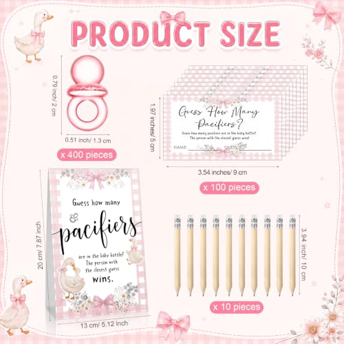 Image of Roowest 512 Pcs Baby Shower Games Guess How Many Pacifiers Sign 100 Small Guessing Games 10 HB Pencils 750ml Milk Bottle 400 Acrylic Pacifiers Decoration for Guest Gender Reveal(Pink,Silly Goose)