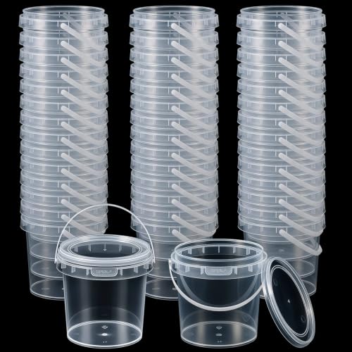 Image of Maxcheck 50 Pcs Plastic Bucket with Lids and Handles Bulk, 34oz, Clear