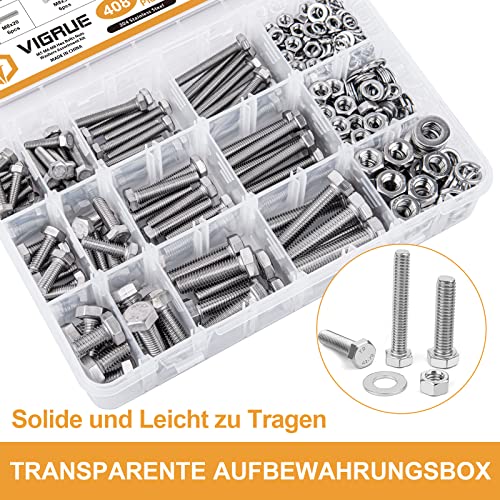 VIGRUE 408 Stück M5 M6 M8 Sechskantschrauben Edelstahl A2 Schrauben Set mit Muttern Unterlegscheiben DIN933 Bolzen Vollgewindeschrauben Maschinenschrauben Gewindeschrauben zur Reparatur