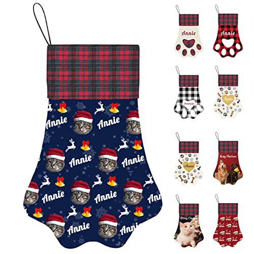 SeeWeLove Personalised Christmas Stockings for Dogs Cats Custom Pet Dog Cat Name Photo Candy Stocking Bag,Large Paw Shape Handmade Xmas Hanging